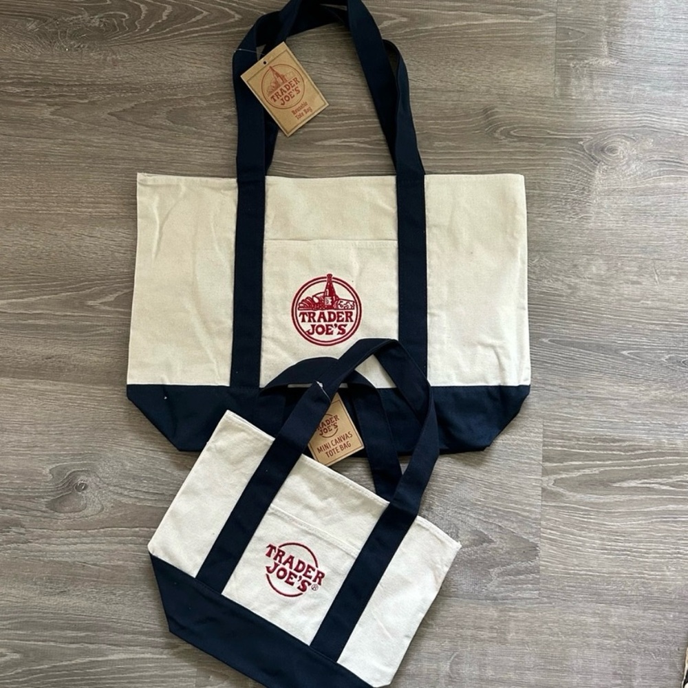 2 New Trader Joe’s Canvas Blue Tote Bags - Picture 2 of 6